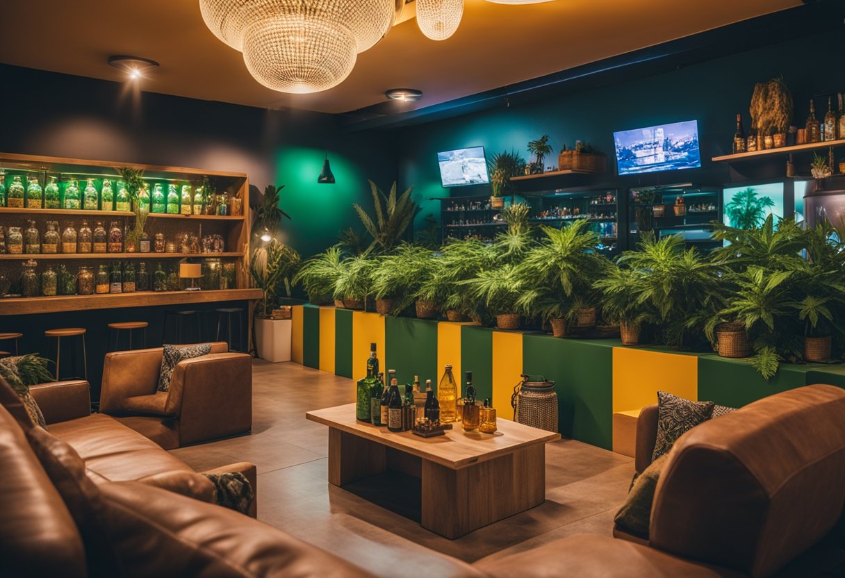 A vibrant atmosphere at G13 Weed Club Ibiza, with colorful decor, cozy seating, and a variety of cannabis products on display. The space is filled with a relaxed and welcoming energy