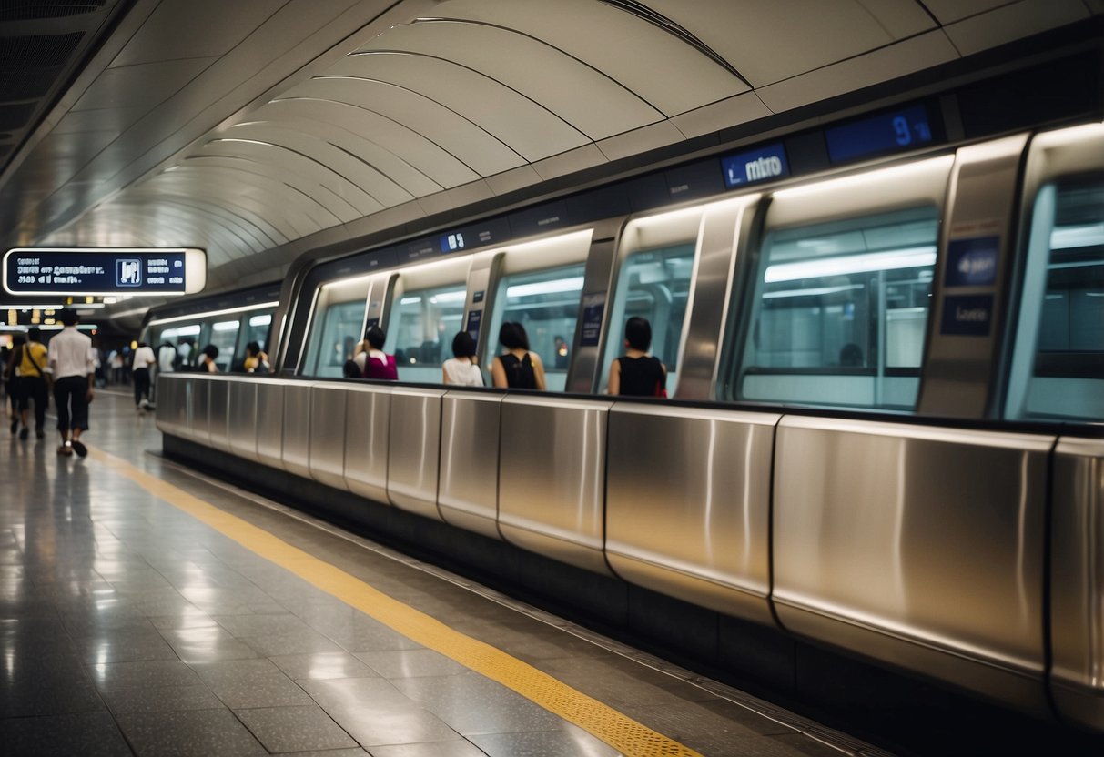 The Singapore metro station is bustling with commuters, as trains arrive and depart amidst the sleek, modern architecture and vibrant digital displays