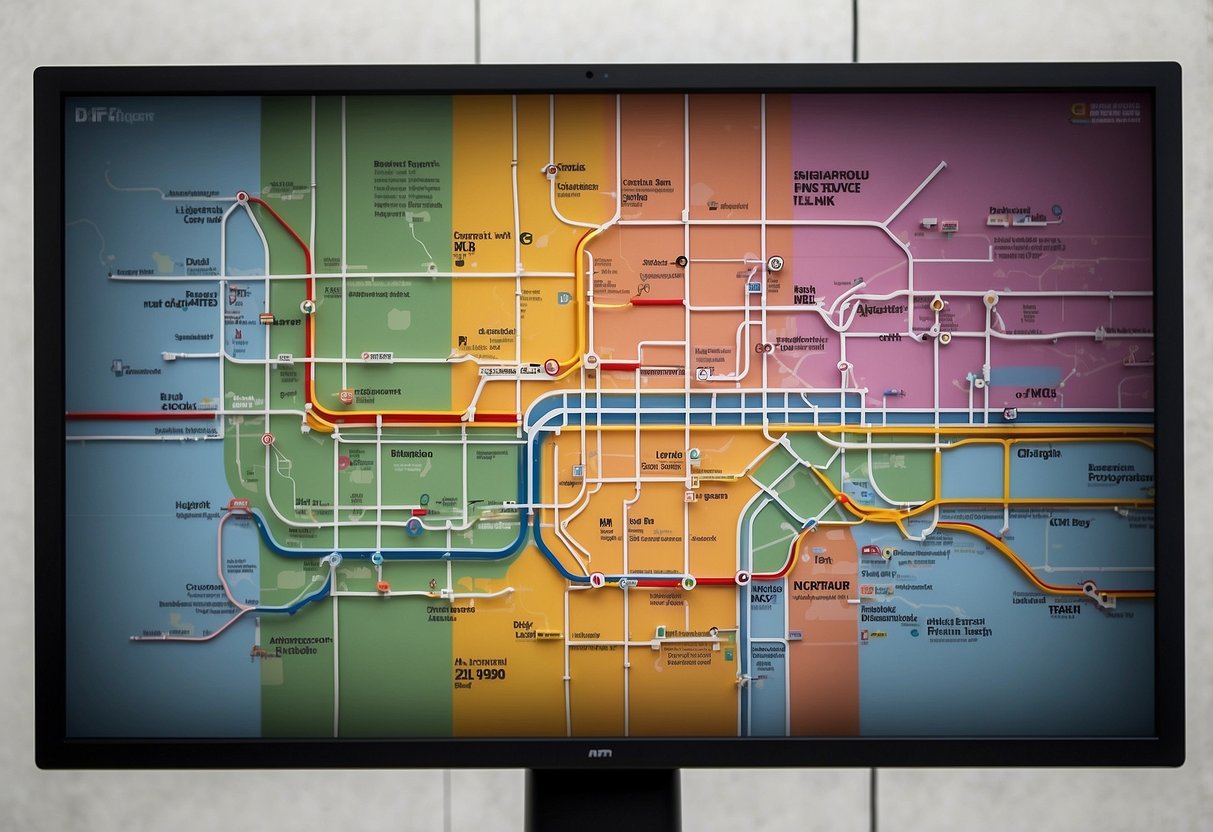 The Singapore MRT network map is displayed on a digital screen, with colorful lines representing different train routes and stations