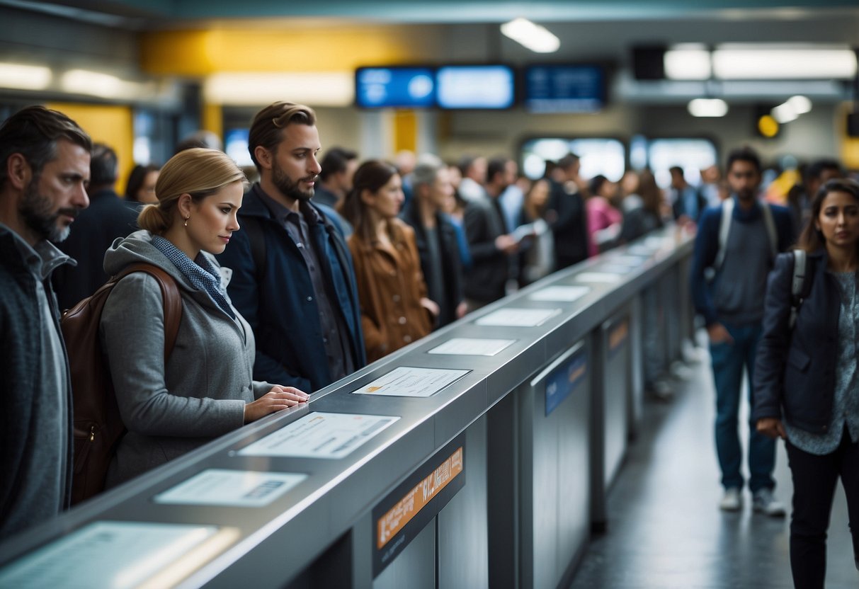 Passengers queue at the ticket counter. Trains arrive and depart on schedule. Maps and signs provide clear directions