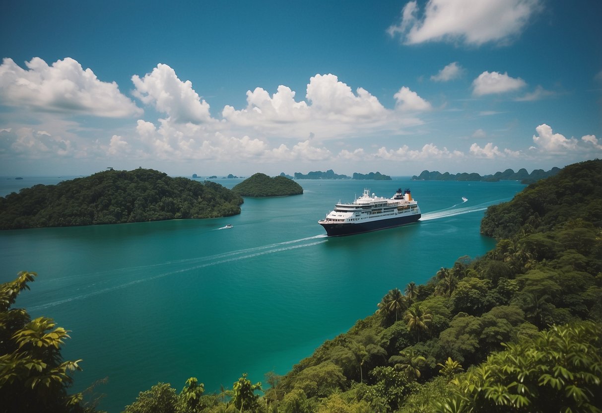 A ferry sails from Singapore to Indonesia, passing by lush green islands and clear blue waters