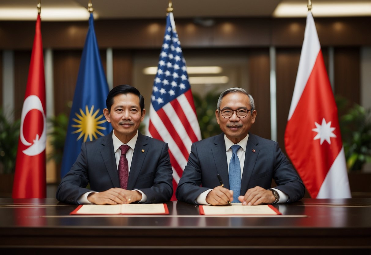 Singapore and Indonesia officials signing defense agreement. Flags of both countries displayed. Military equipment in background