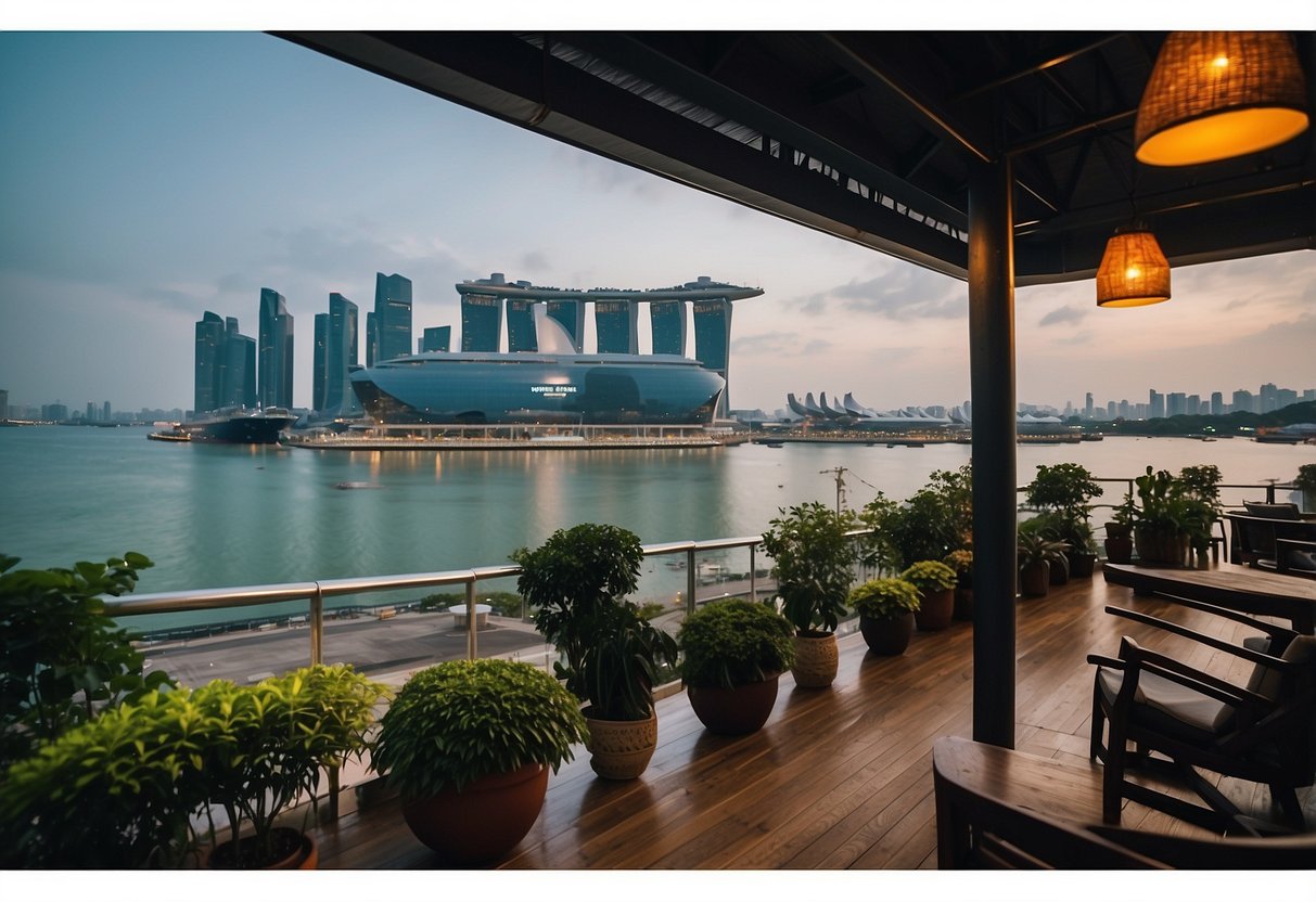 Singapore and Indonesia connected by trade, sharing goods and culture, with ships sailing between their bustling ports