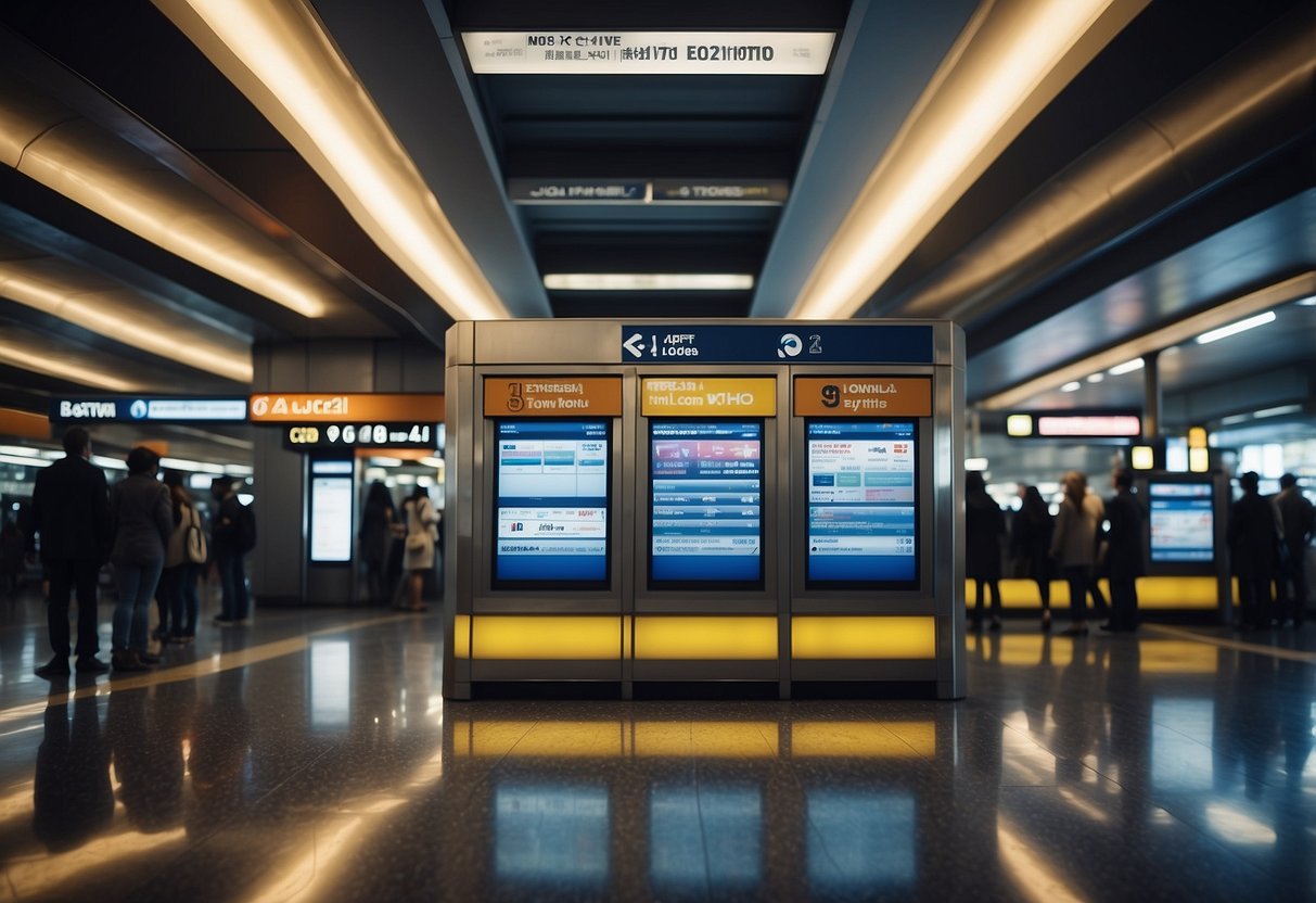 Passengers lining up at ticket machines, signs indicating different metro lines, and a map of the metro system displayed prominently