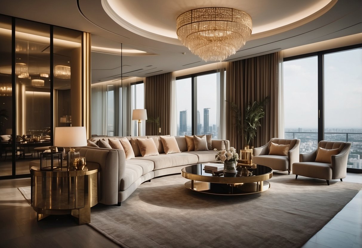 A luxurious, modern interior with sleek furniture, soft lighting, and hints of gold accents, evoking a sense of elegance and sophistication