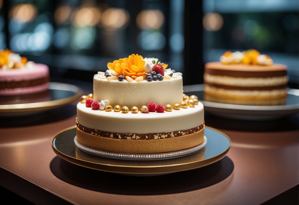 A luxurious cake display at Lady M Singapore, with elegant packaging and a variety of exquisite desserts