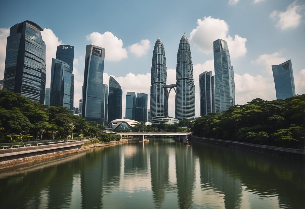The bustling cityscape of Osim Singapore, with iconic skyscrapers and modern architecture, surrounded by lush greenery and a flowing river