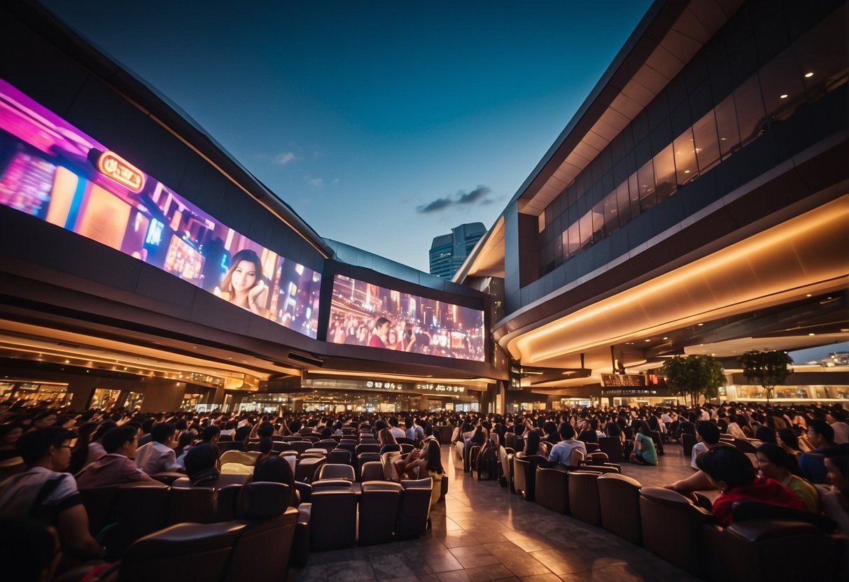 A bustling movie theater in Singapore with colorful marquee and crowds entering