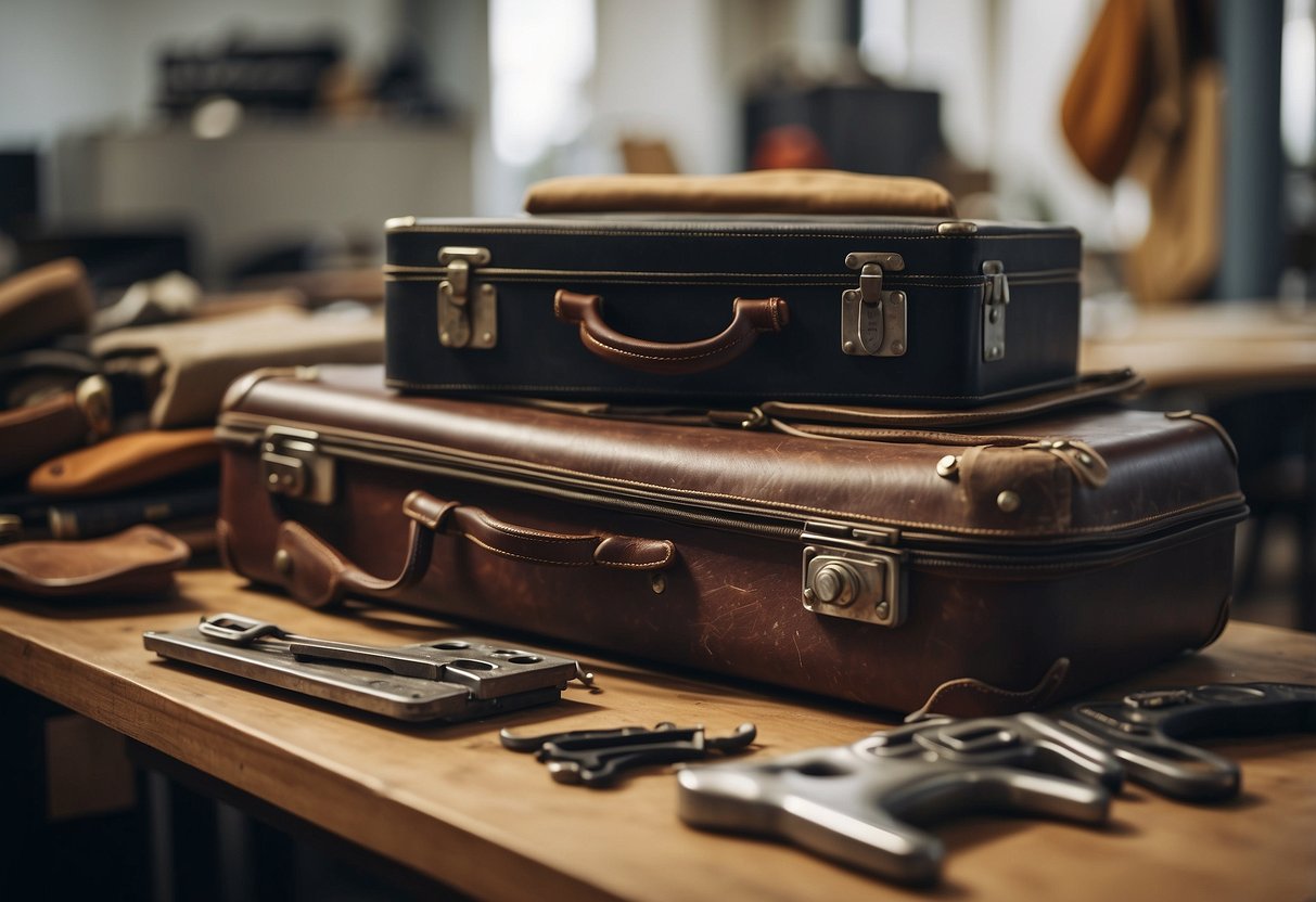 A stack of worn suitcases sits on a counter, surrounded by tools and repair materials. A technician carefully examines a broken handle, ready to start the repair process