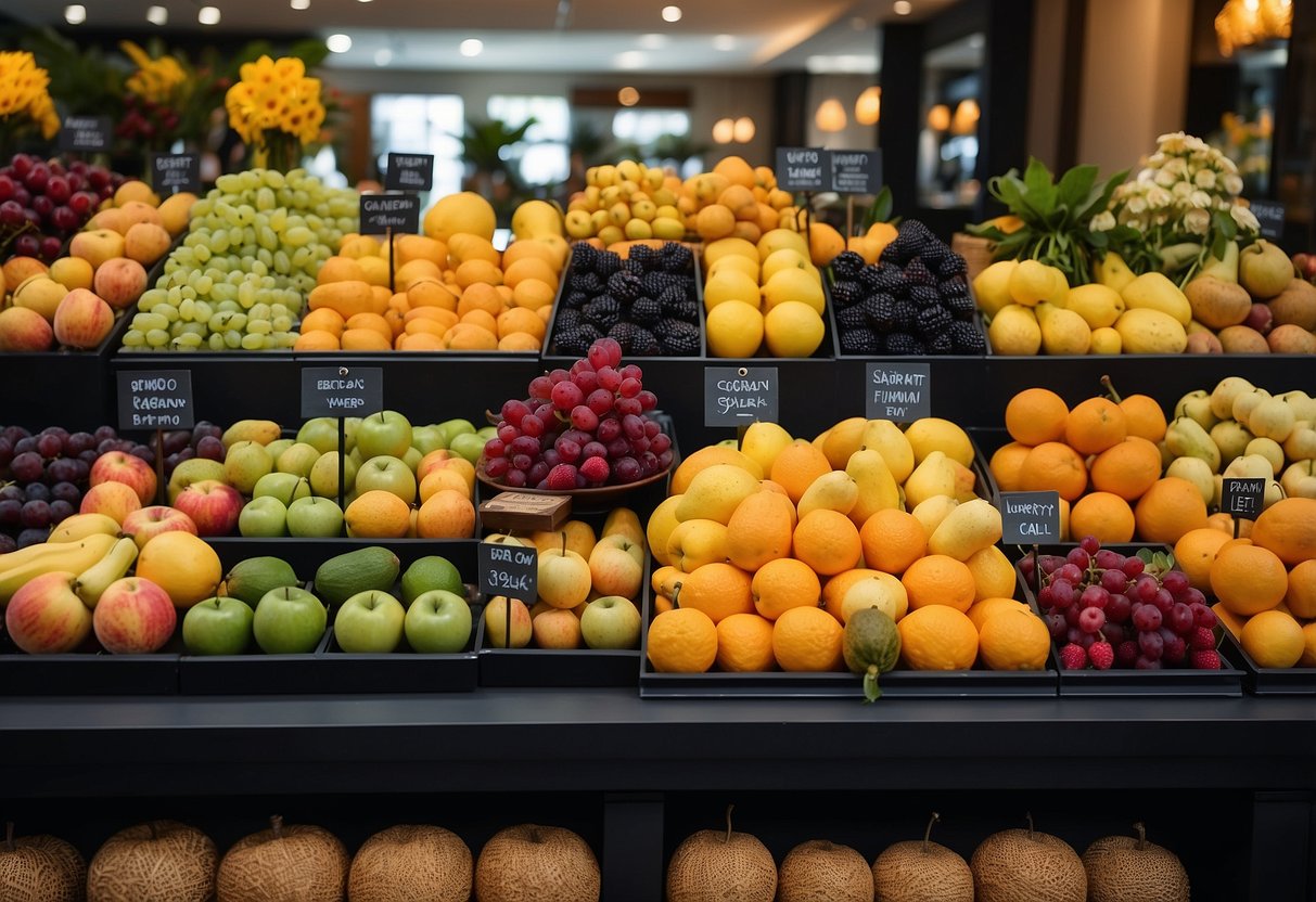 A colorful array of fruits and flowers arranged in an elegant display at the Delightful Varieties store in Singapore