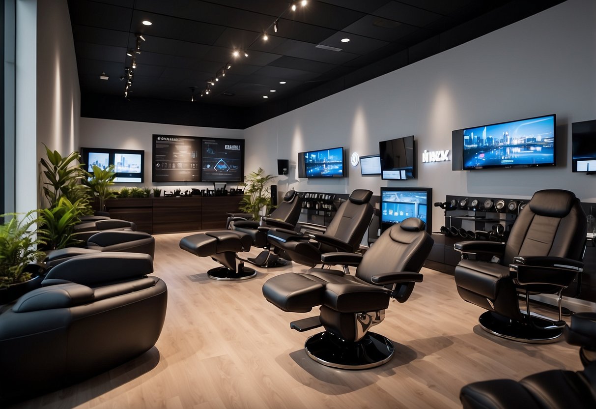 A sleek, modern showroom displays cutting-edge massage chairs and fitness equipment, surrounded by high-tech gadgets and innovative wellness products