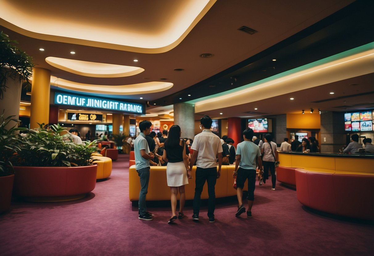 People wander through colorful movie theater lobbies in Singapore, admiring the vibrant decor and bustling atmosphere