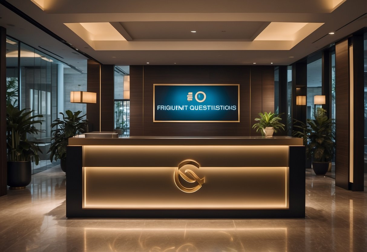 A sleek, modern reception desk with the "Frequently Asked Questions" sign displayed prominently at Lady M Singapore