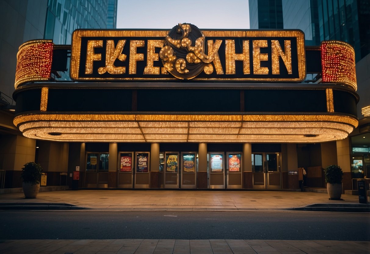 Movie theater marquee displays "Ticketing and Promotions" in Singapore. Bright lights and colorful posters adorn the entrance, enticing moviegoers