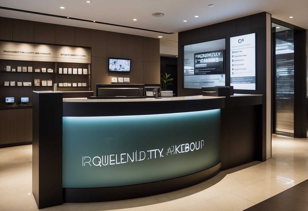 A modern and sleek customer service counter with the words "Frequently Asked Questions" prominently displayed above it at the Osim Singapore store