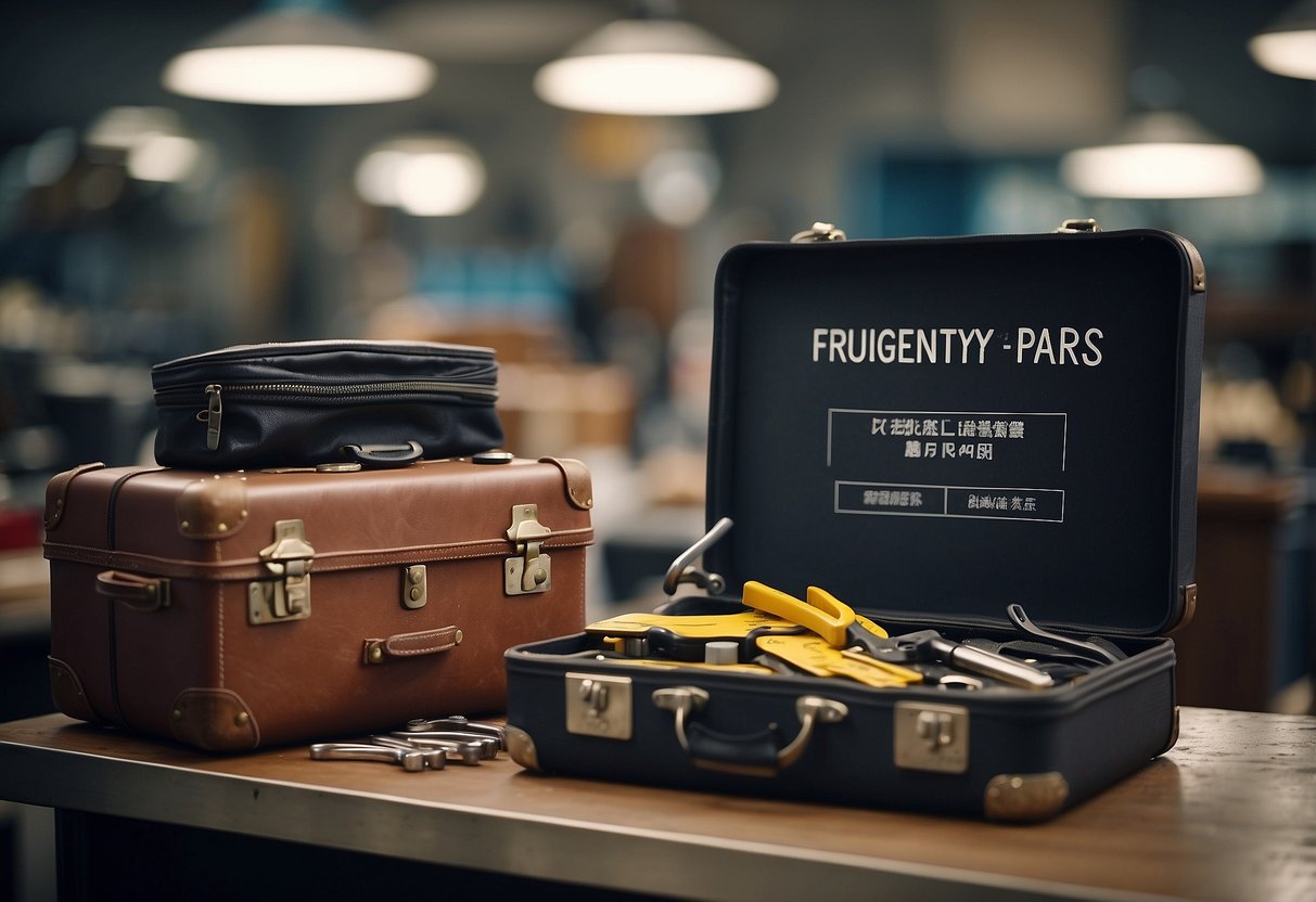 A suitcase with a broken handle sits on a repair shop counter, surrounded by tools and a sign reading "Frequently Asked Questions luggage repair singapore."