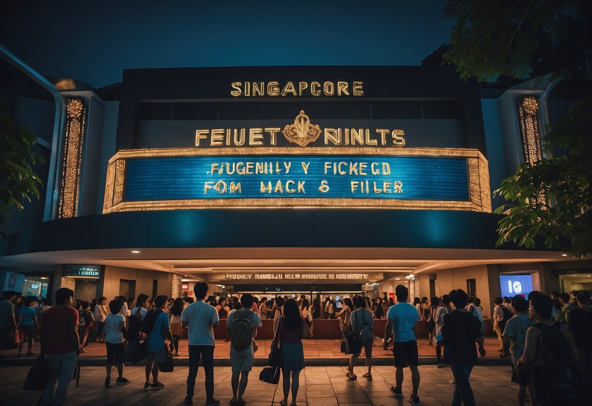 A bustling movie theater in Singapore, with bright lights and a long line of people waiting to purchase tickets. The marquee displays the title "Frequently Asked Questions."