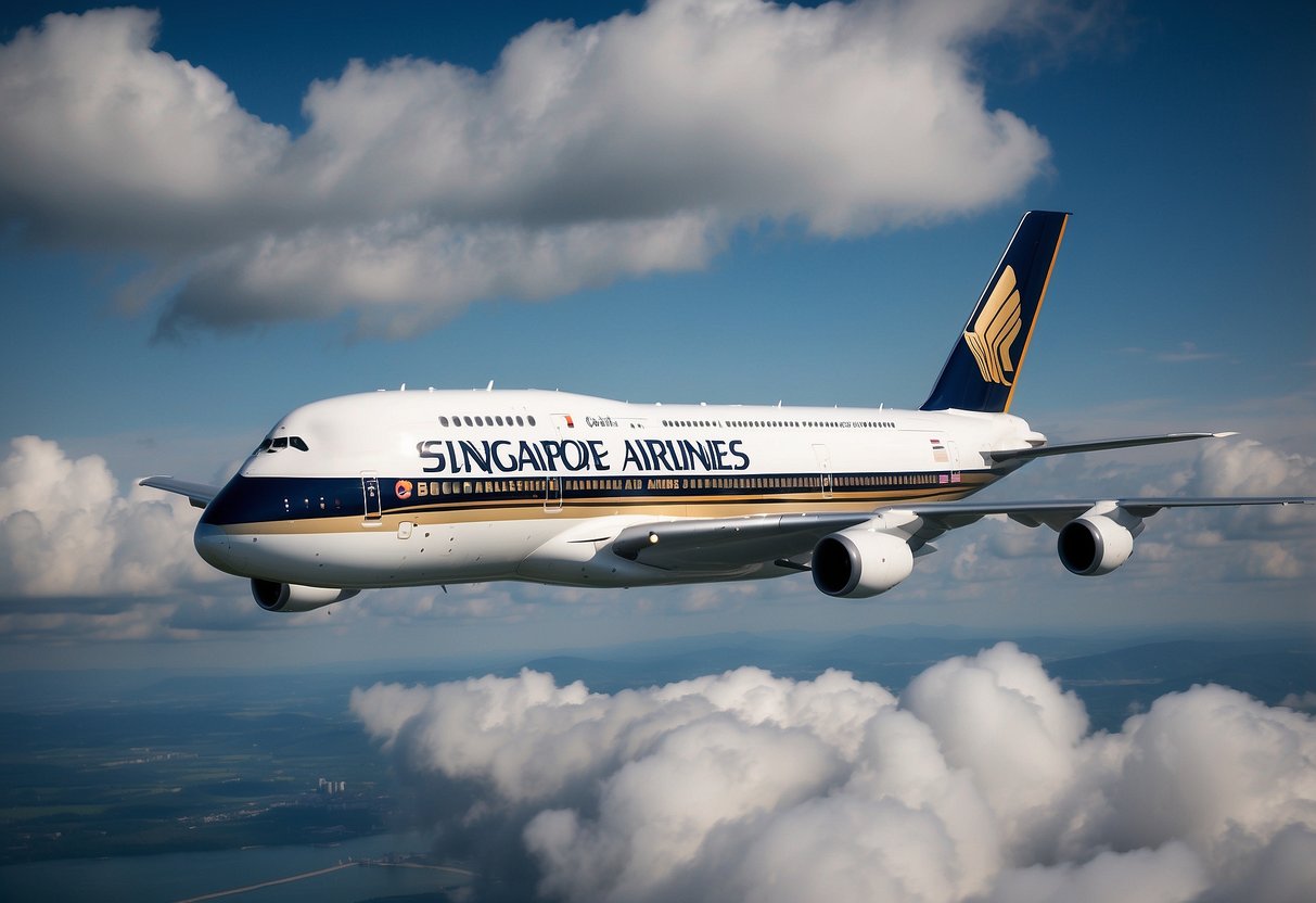 The Singapore Airlines A380 soars through the clear blue sky, its iconic double-decker design and elegant wingtips cutting through the air