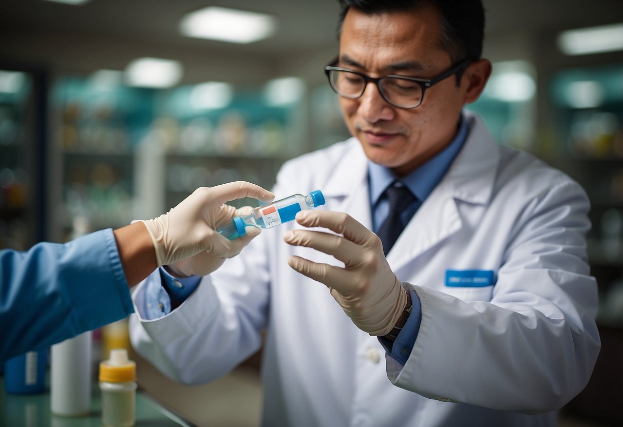 A pharmacist administering a Singapore booster shot to a vial
