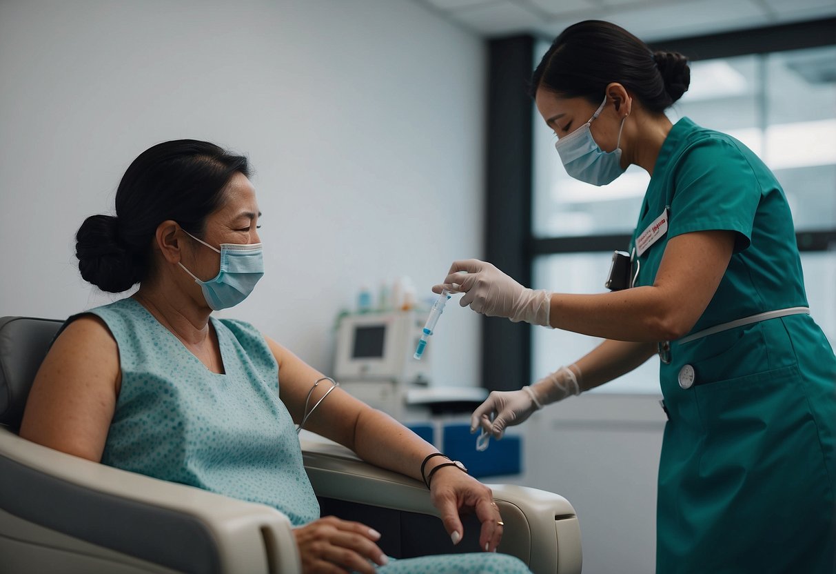 A nurse administers a COVID-19 booster shot to a patient in a clinic in Singapore. The patient sits in a chair while the nurse prepares the injection. The clinic is clean and well-lit, with medical equipment visible in the background