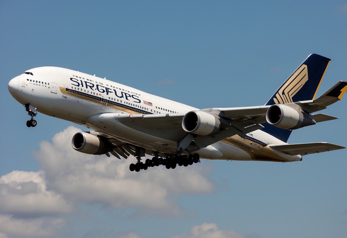 The Airbus A380-800 soars through the sky, showcasing its sleek design and the iconic Singapore Airlines livery. The massive double-deck aircraft features four powerful engines and a distinctive tail fin, exuding a sense of power and luxury