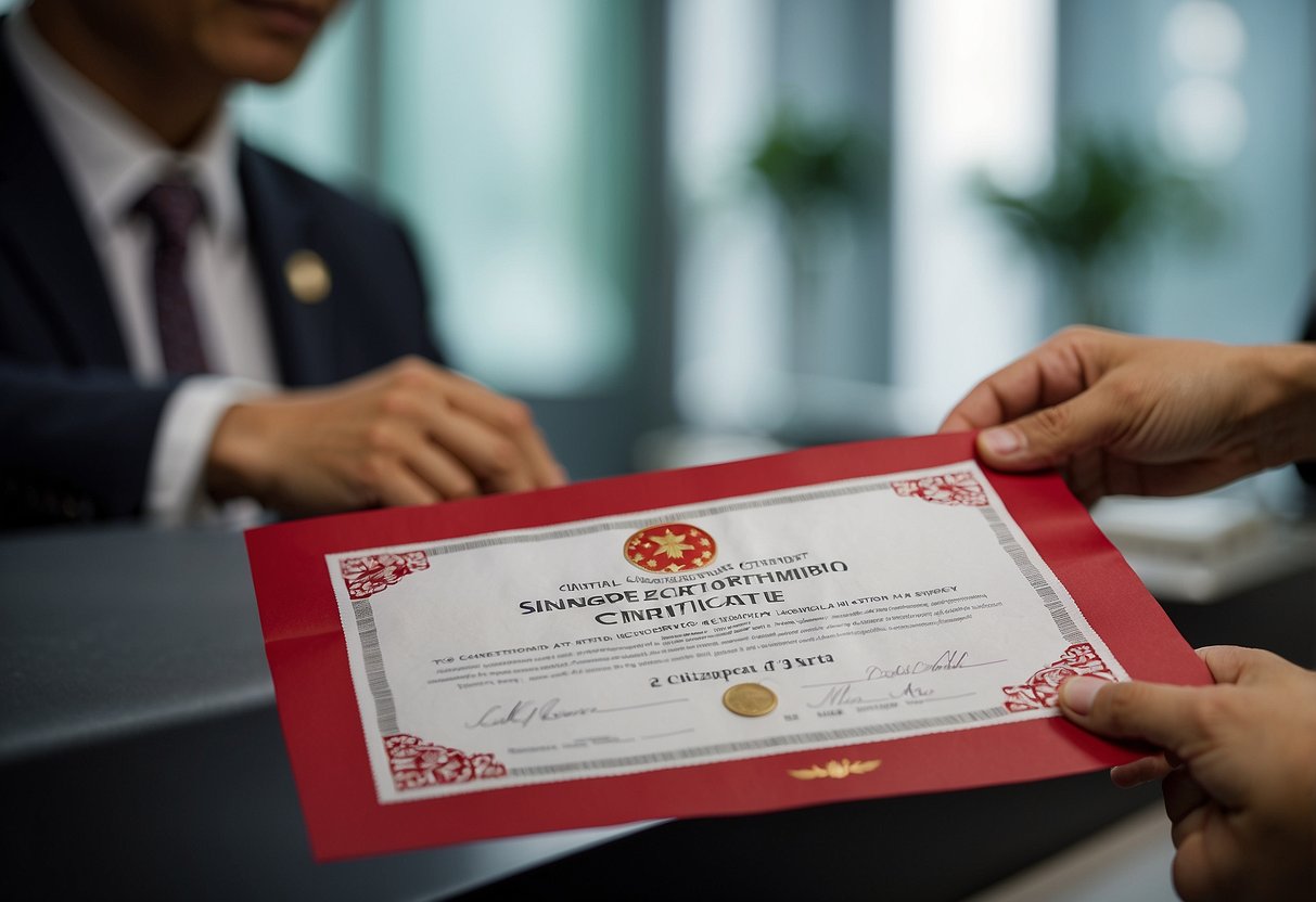 A person receiving a Singapore citizenship certificate from an official at a government office, with a Singapore flag in the background