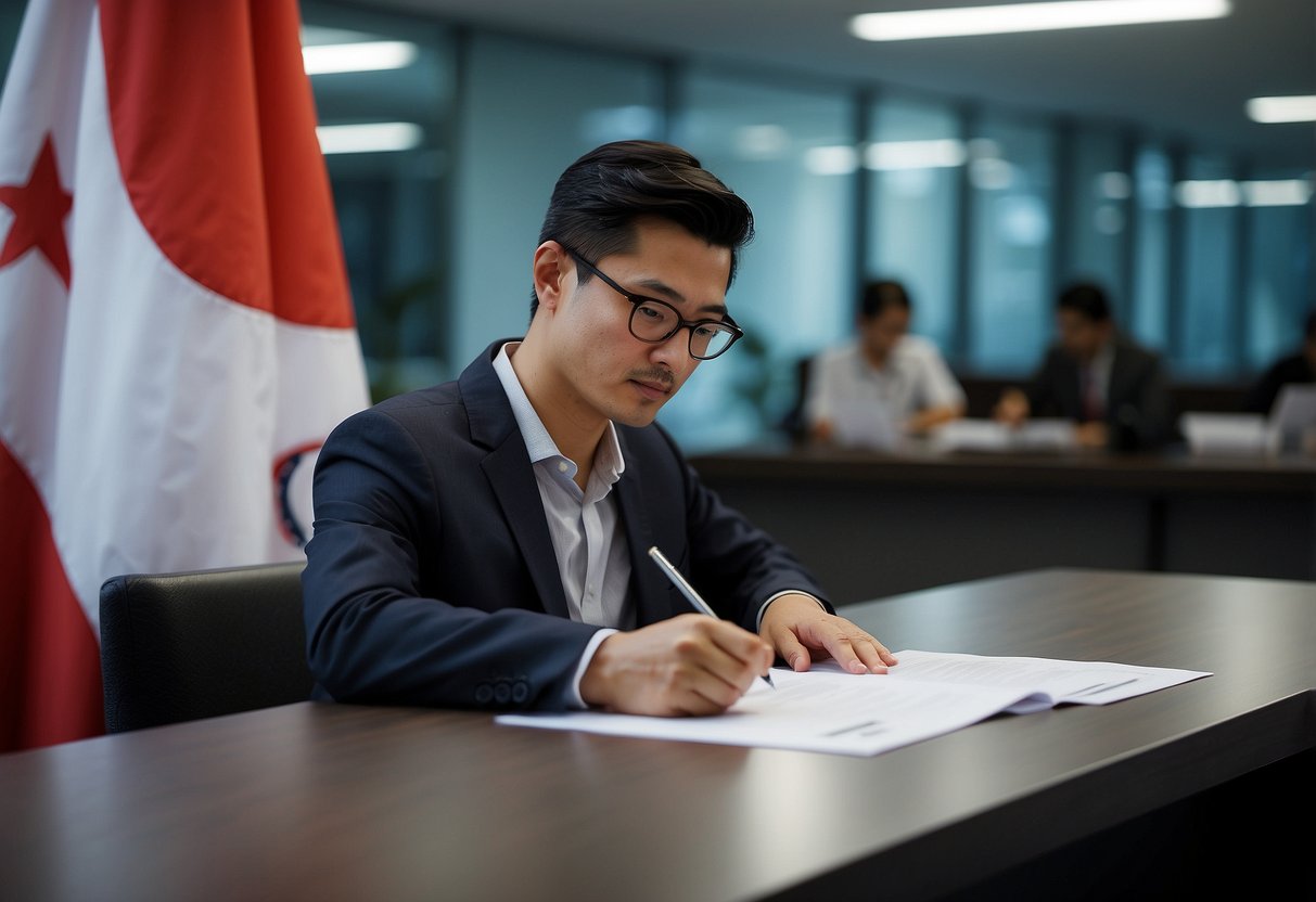 A person filling out forms at a government office, with a Singapore flag in the background