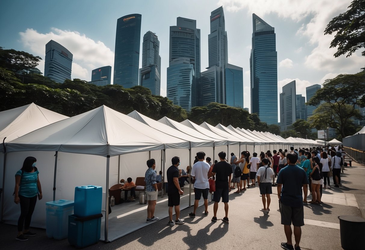 People waiting in line at outdoor vaccination sites in Singapore. Medical staff administering booster shots under tents. City skyline in the background
