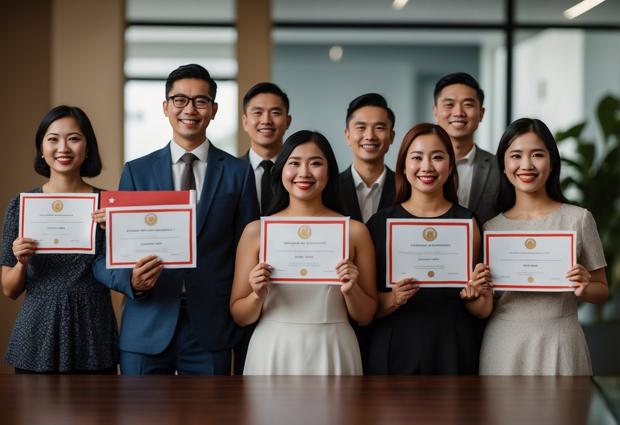 A diverse group of people standing together, holding up their Singapore citizenship certificates with pride. The Singapore flag flies in the background, symbolizing their integration and commitment to their new home