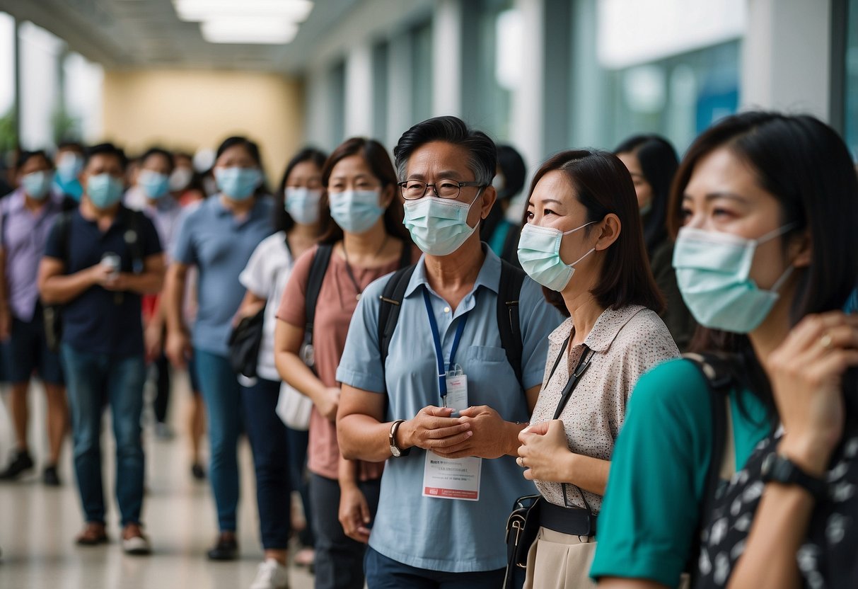 People in line at a vaccination center in Singapore, receiving booster shots
