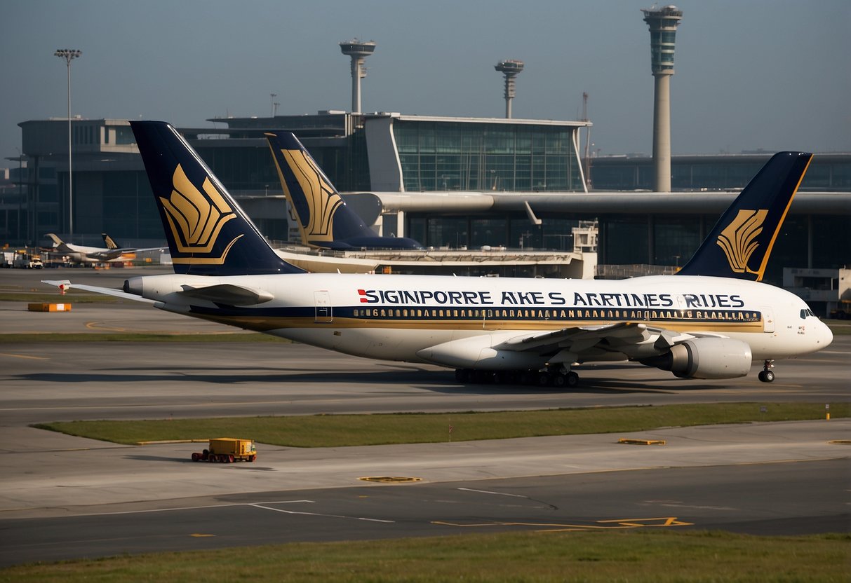 The Singapore Airlines A380 is parked at the airport gate, surrounded by ground crew and equipment. The aircraft's distinctive double-deck structure and elegant livery are visible