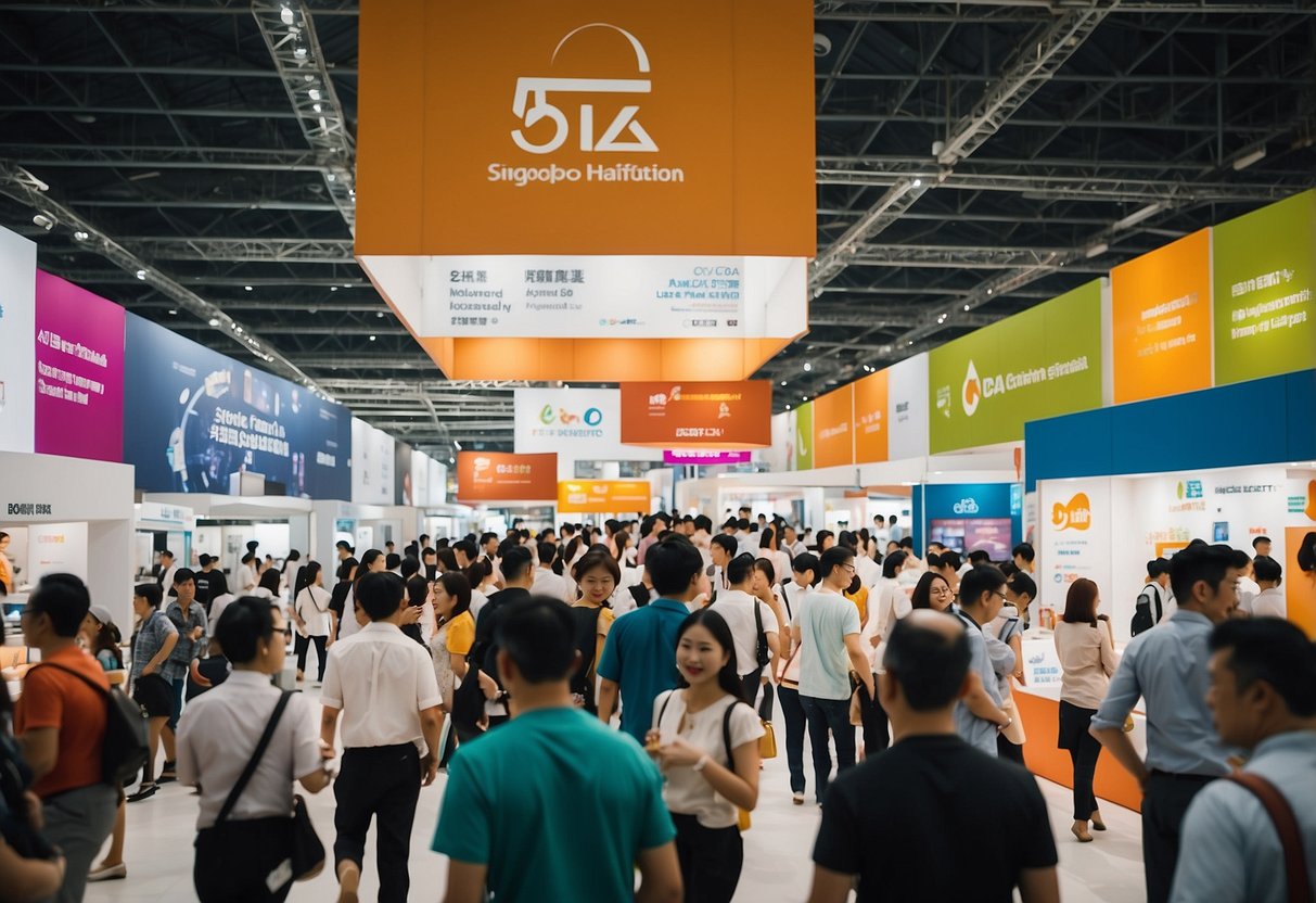 People bustling at Singapore Expo Hall 5, booths showcasing products, colorful banners hanging, and attendees engaged in conversations