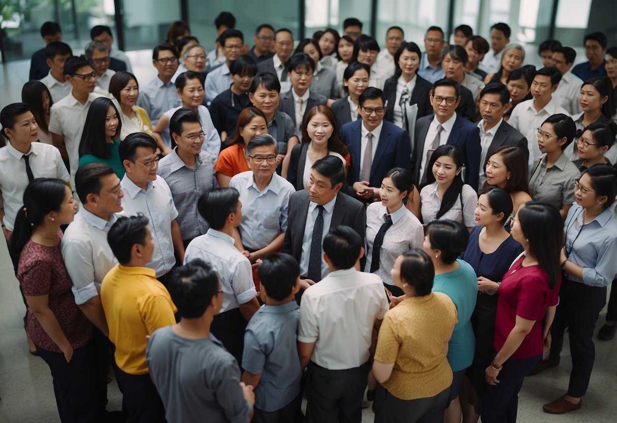 A diverse group of people gather in a government office, eagerly seeking information about the Singapore citizenship journey. A helpful staff member assists them with their inquiries