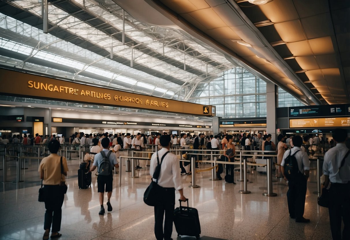 A bustling airport terminal with a Singapore Airlines A380 parked at the gate, surrounded by passengers and staff with a prominent "Frequently Asked Questions" sign
