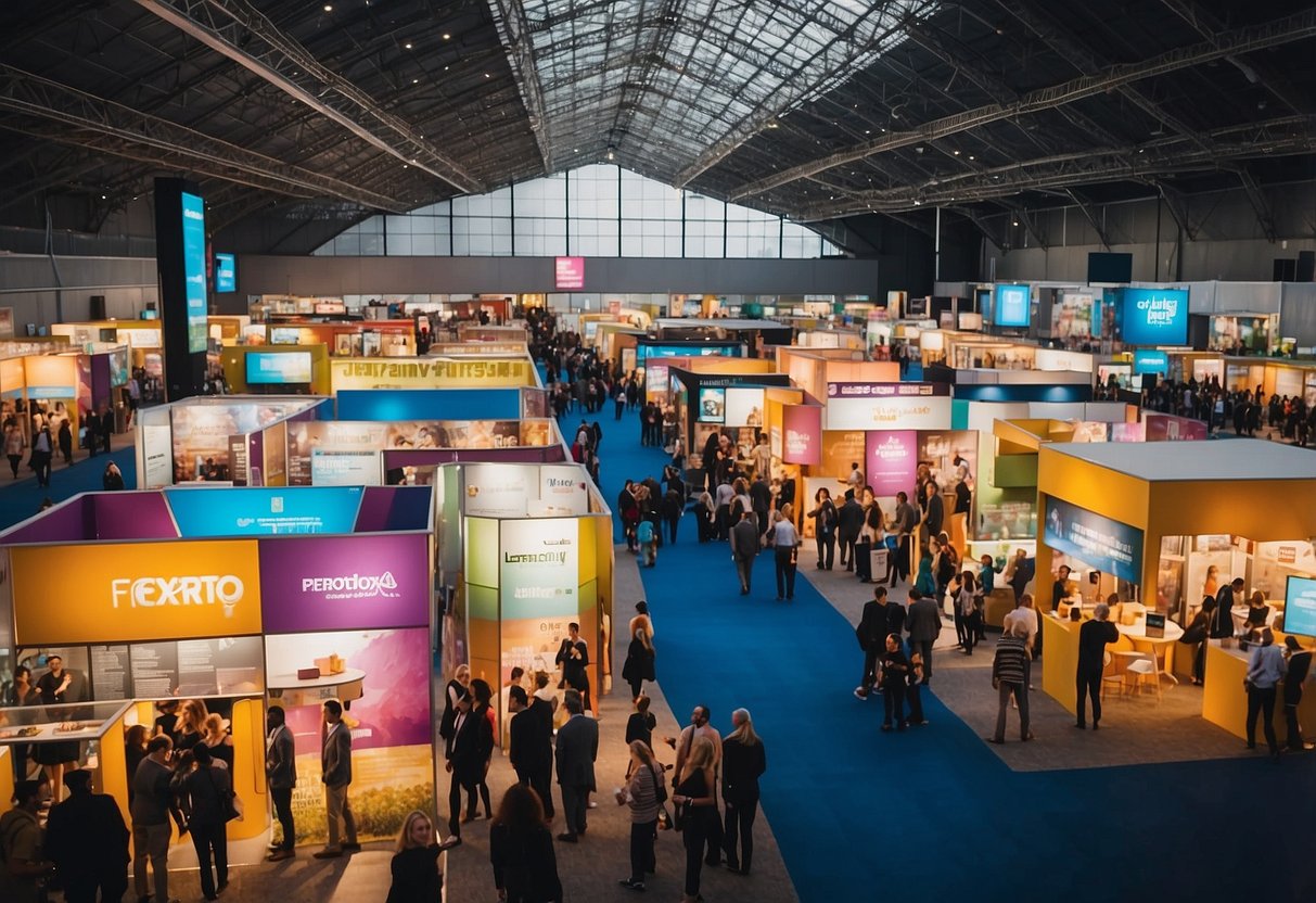 A bustling expo hall with people browsing booths and engaging in conversations. Bright lights illuminate the space, and colorful banners hang from the ceiling. Booths are adorned with eye-catching displays and promotional materials