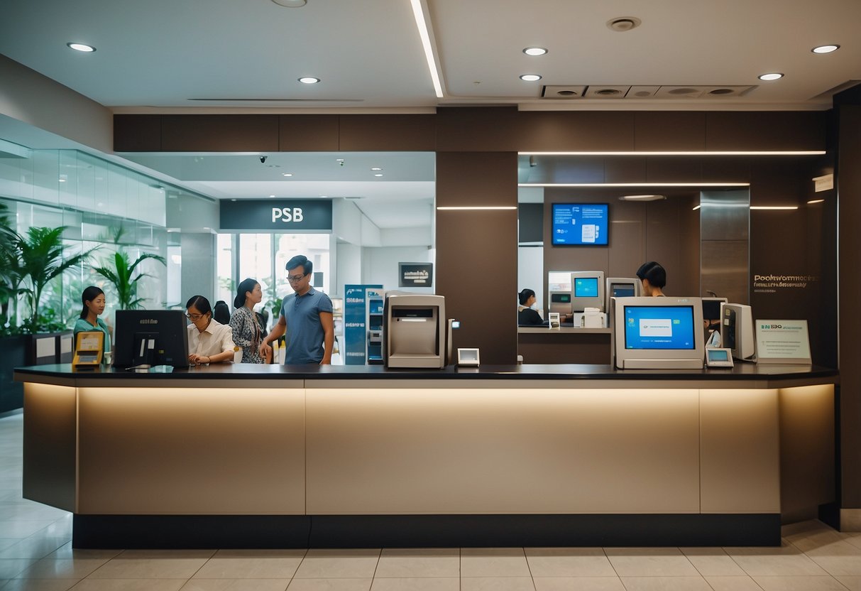 A bustling POSB Bank branch in Singapore, with customers at the teller counter and others using the ATM machines