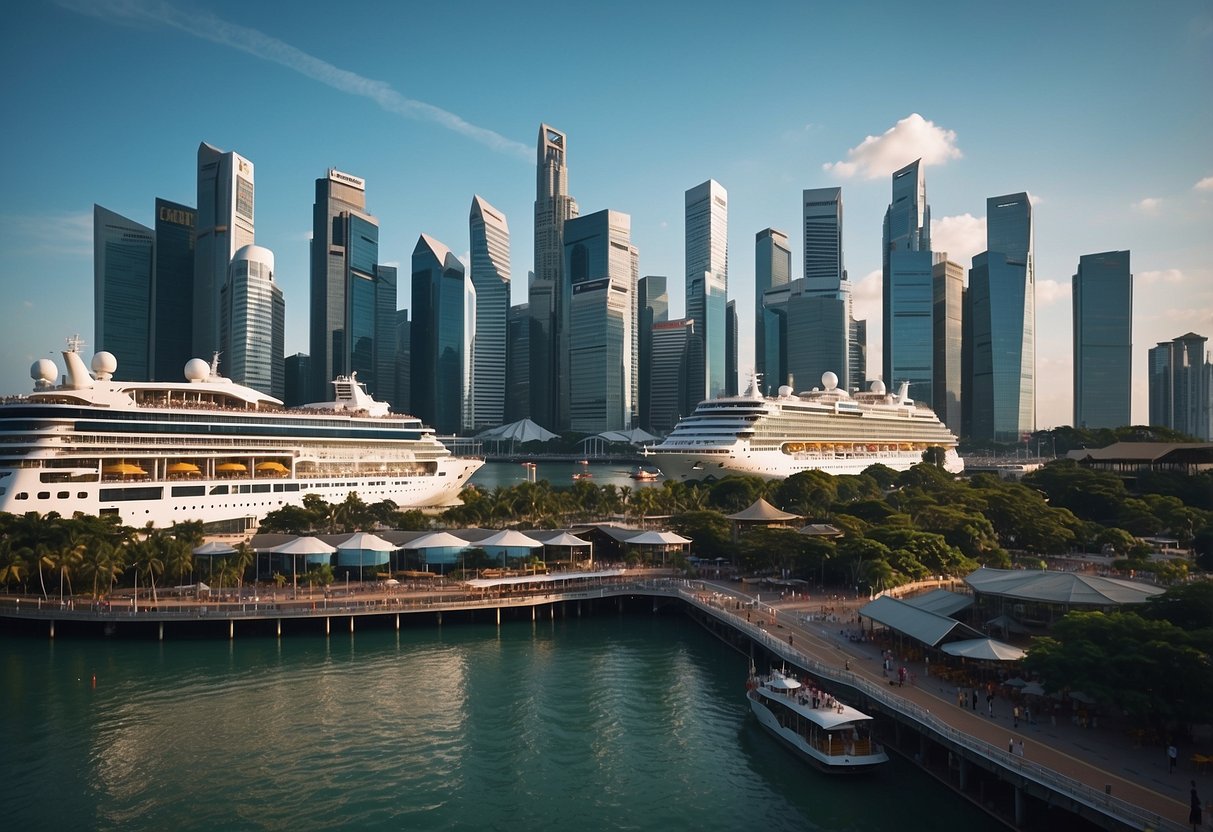 The Singapore Cruise Centre bustles with activity as ships dock and passengers embark/disembark, with the iconic skyline in the background