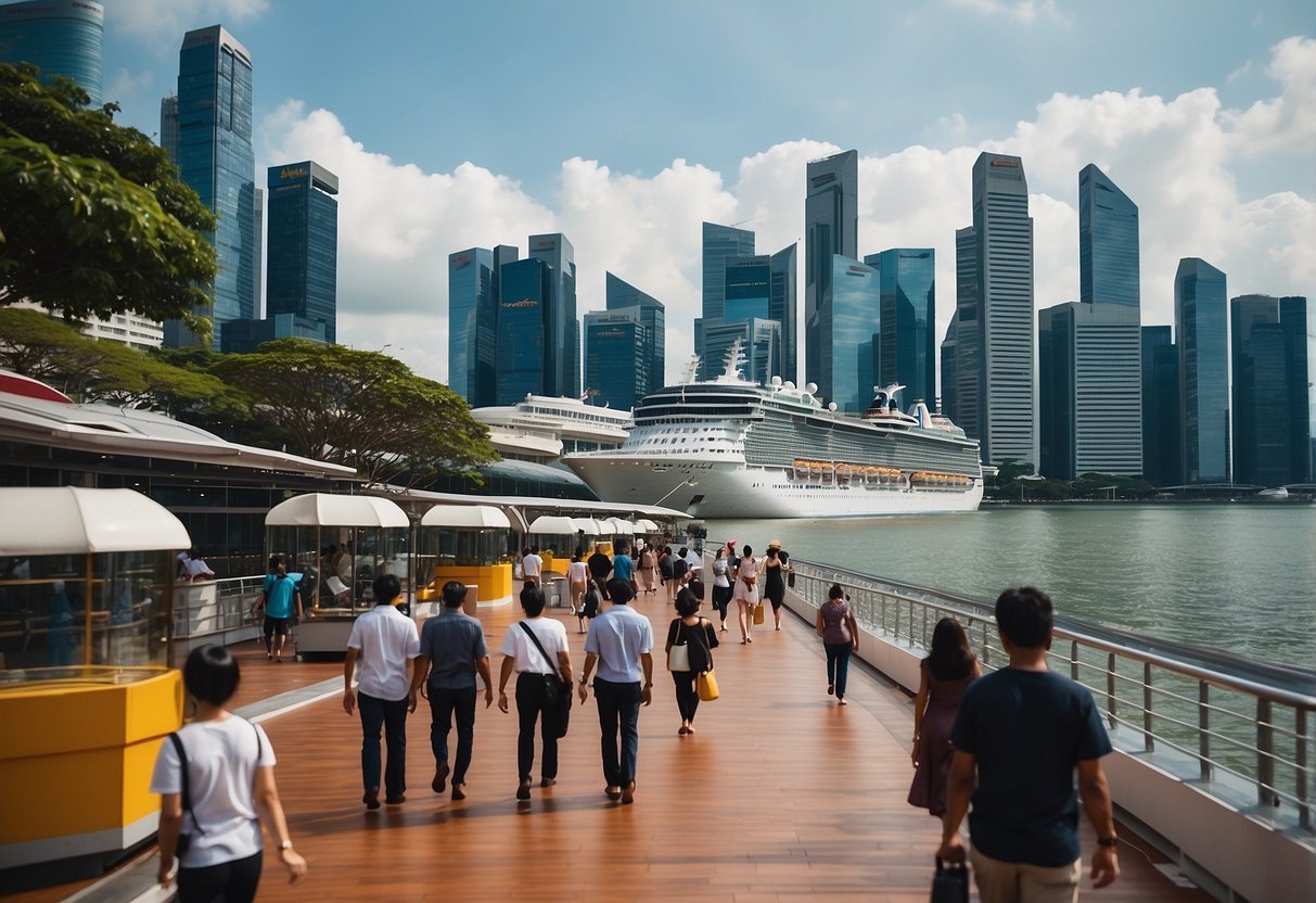Passengers stroll along the bustling Singapore Cruise Centre, with ships docked in the background and the iconic city skyline in the distance