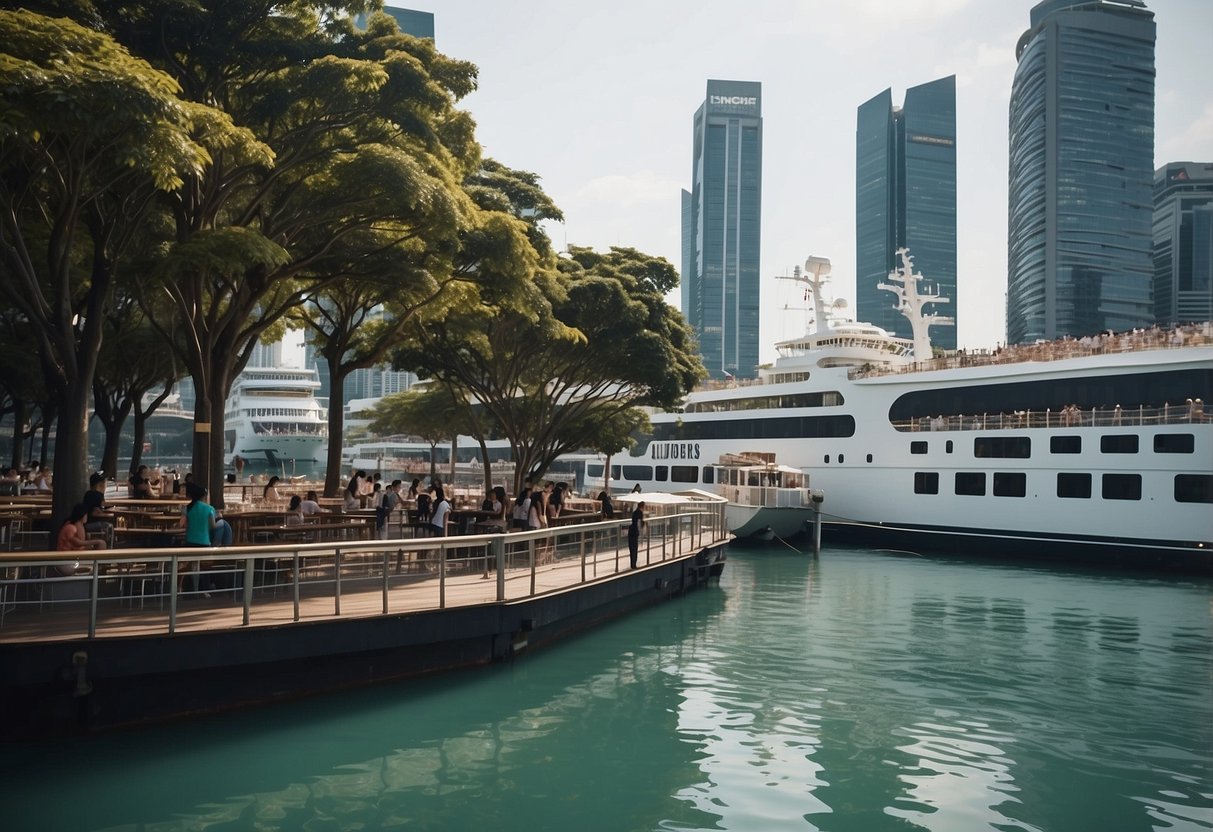 The Singapore Cruise Centre bustles with activity as ships dock and depart, surrounded by a backdrop of modern buildings and the glistening waters of the harbor