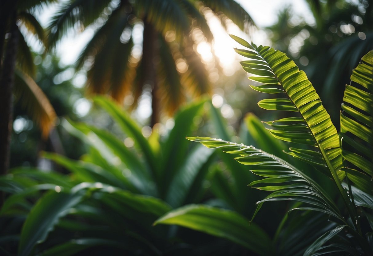 Lush green palm trees sway in the warm breeze under a hazy sky, as droplets of moisture glisten on vibrant tropical leaves