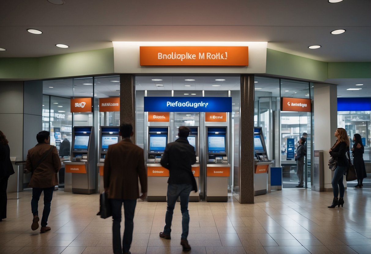 A bustling bank branch with customers at teller windows, ATM machines, and signs promoting various banking services and products