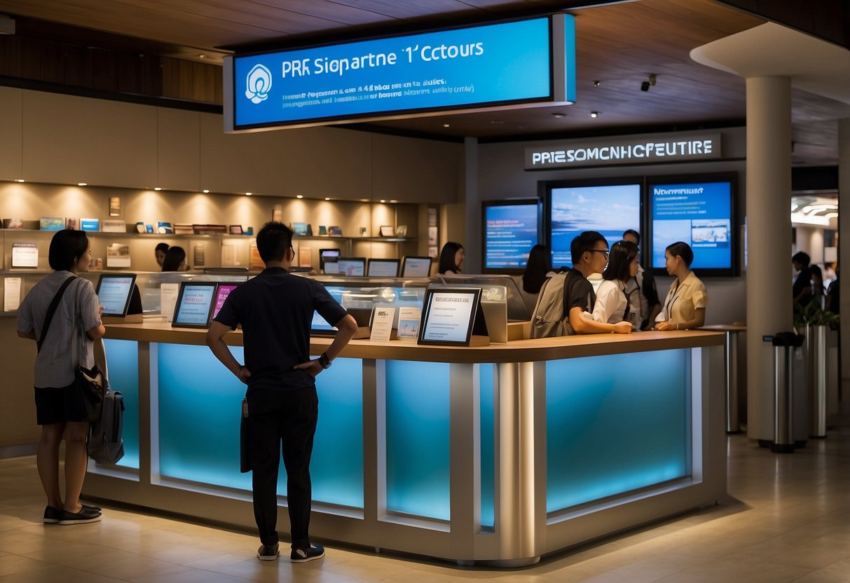 Passengers line up at the Singapore Cruise Centre's information desk. Signs and brochures are displayed. The staff assists with inquiries