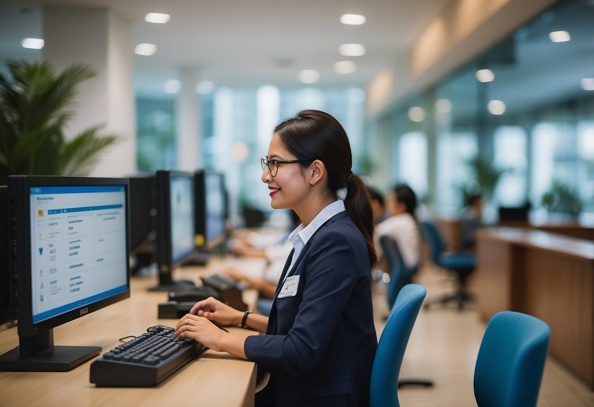 A customer service representative assists a client at a POSB bank in Singapore