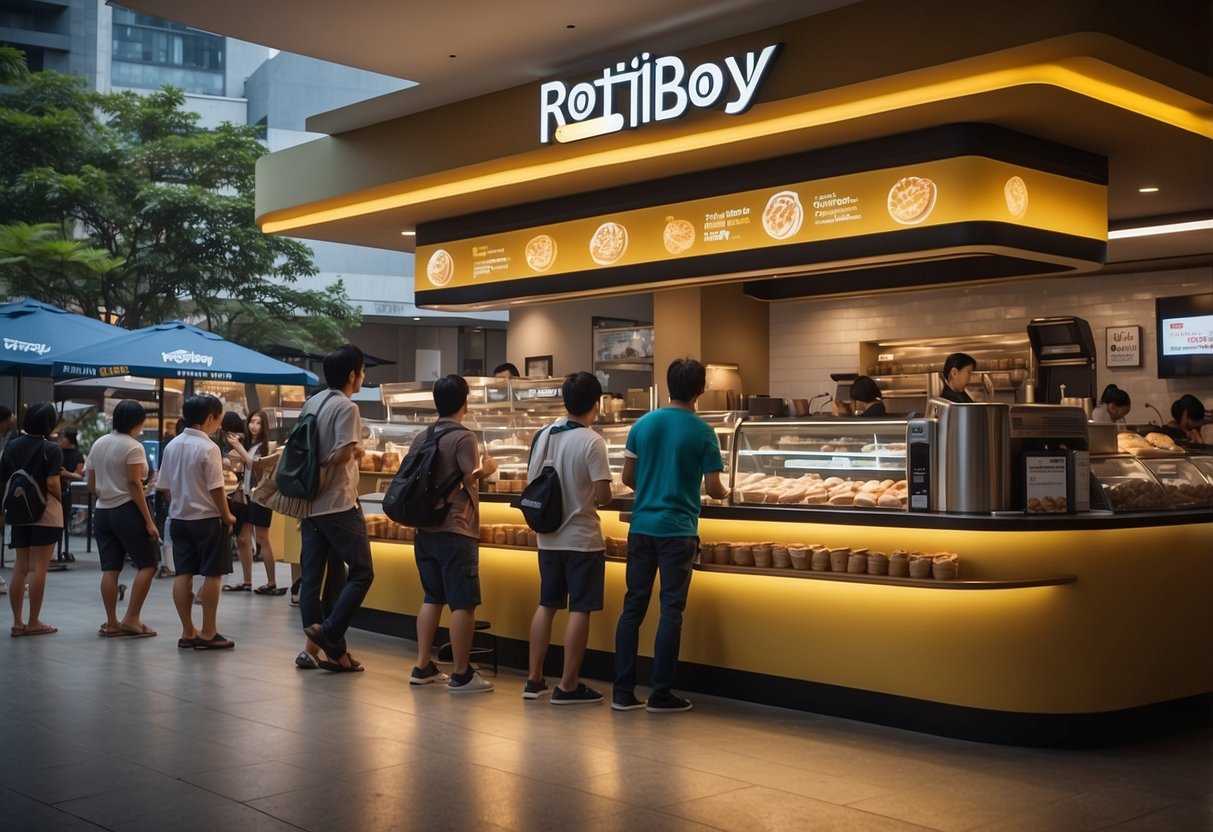 A bustling Rotiboy Singapore outlet, with the aroma of freshly baked buns wafting through the air, customers lining up for their signature coffee buns, and the iconic Rotiboy logo displayed prominently