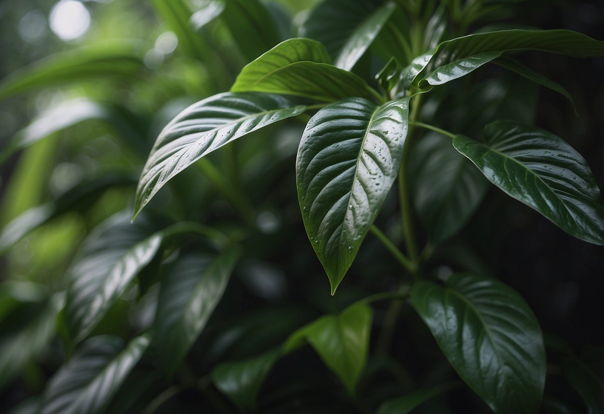 Lush green foliage glistens with moisture under the intense Singapore humidity. Plants display adaptations to thrive in the tropical climate