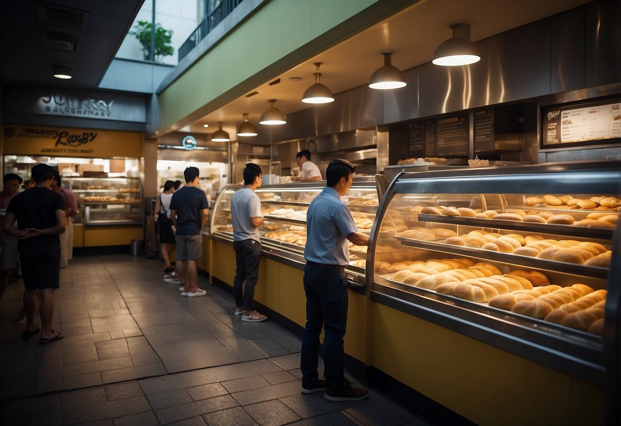 A bustling Rotiboy bakery in Singapore. Aromatic scent of freshly baked buns fills the air. Customers eagerly line up for warm, buttery treats