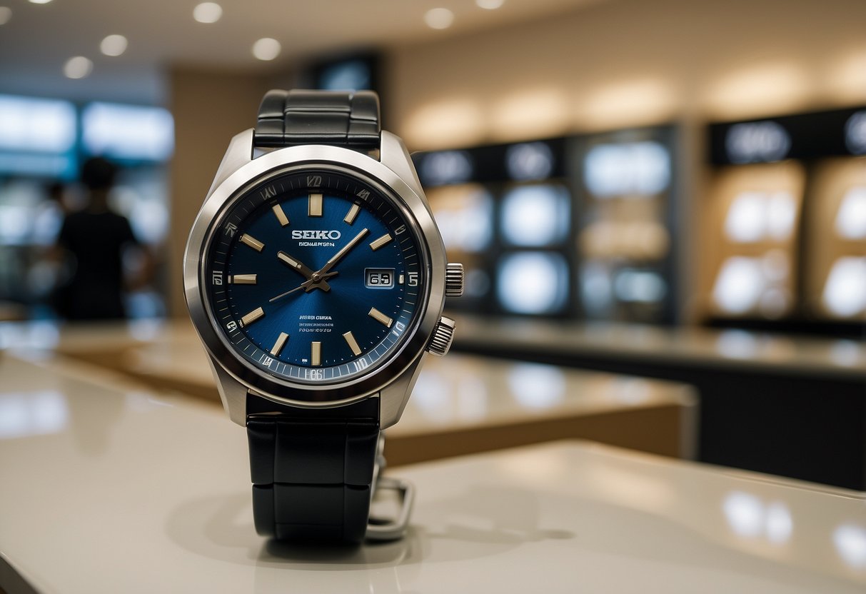A Seiko watch displayed in a sleek, modern Singapore storefront