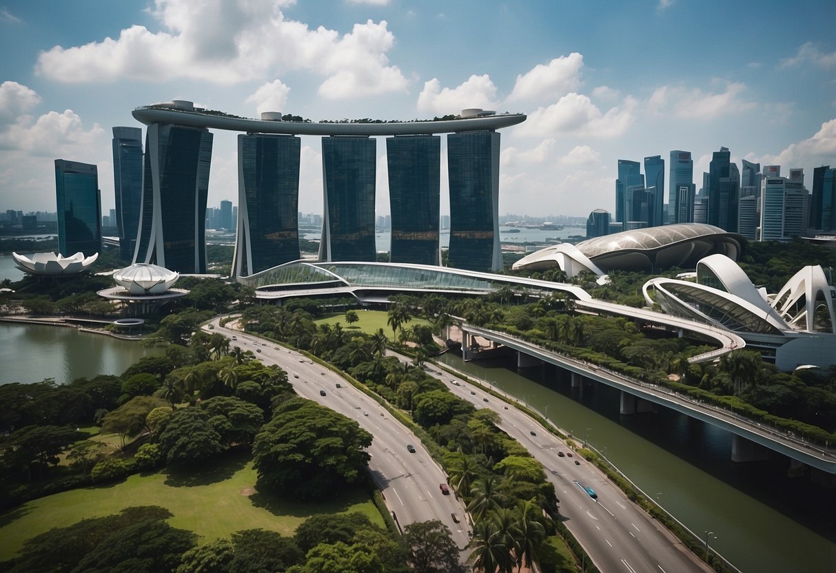 The bustling streets of Singapore, with iconic landmarks like the Marina Bay Sands and the Singapore Flyer, surrounded by modern skyscrapers and lush greenery