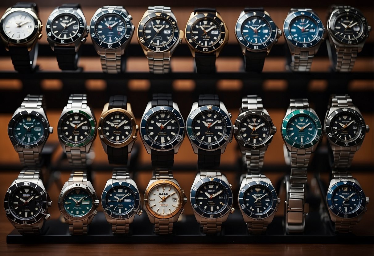 A display of Seiko's watch collections, arranged in a sleek and modern setting, with various styles and designs showcased