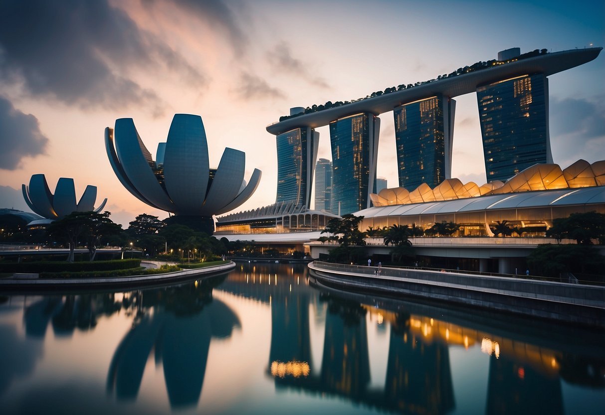 A bustling Singapore skyline with the iconic Marina Bay Sands in the background, while a modern office building with the Salesforce logo stands prominently in the foreground